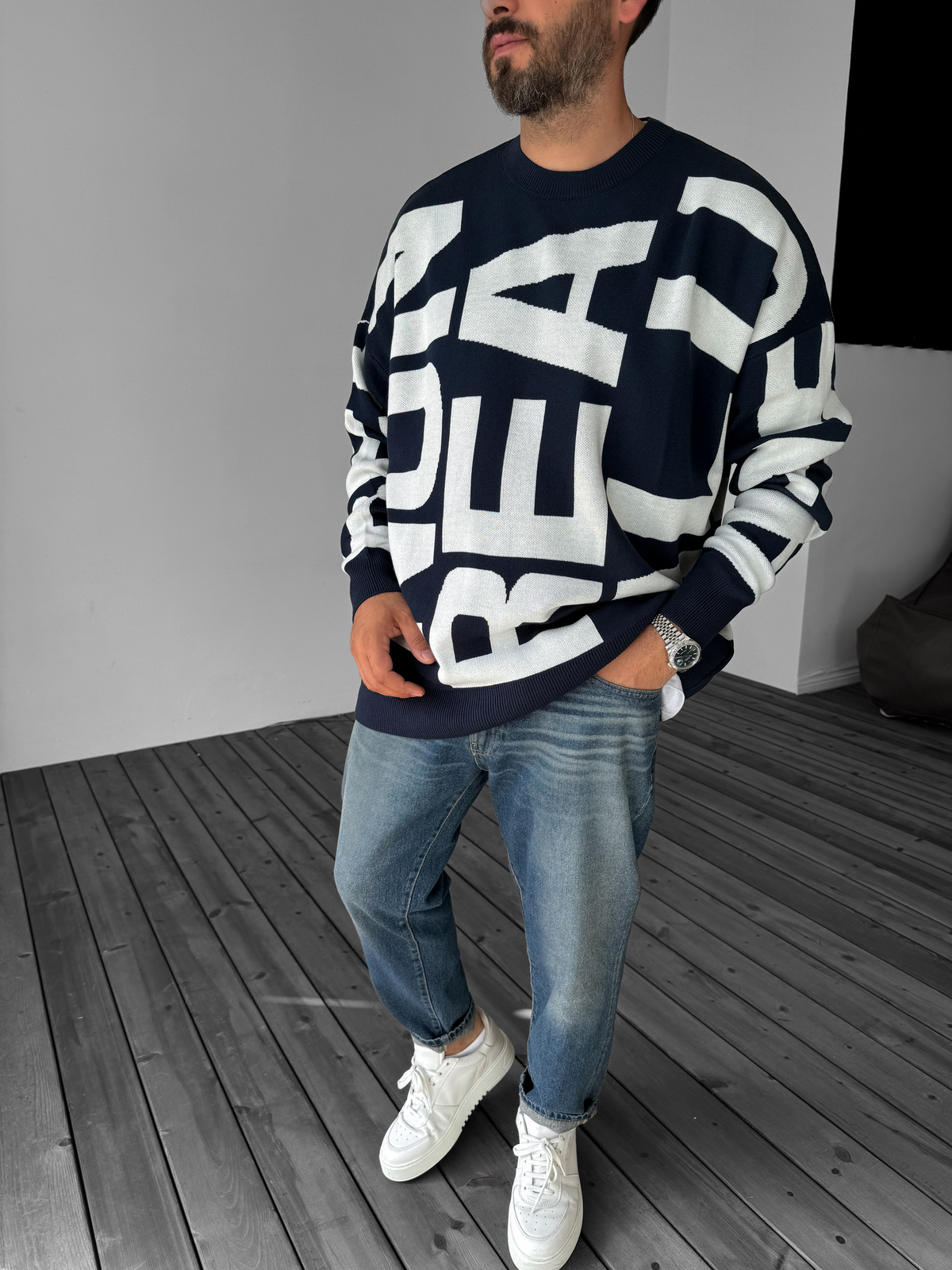 Lacivert Letter İşlemeli Örme Sweatshirt JJ-103