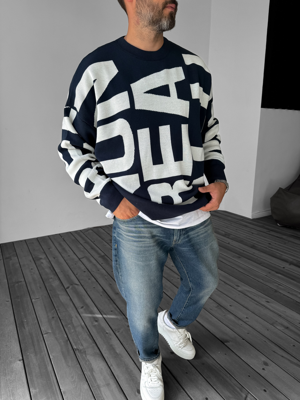 Lacivert Letter İşlemeli Örme Sweatshirt JJ-103