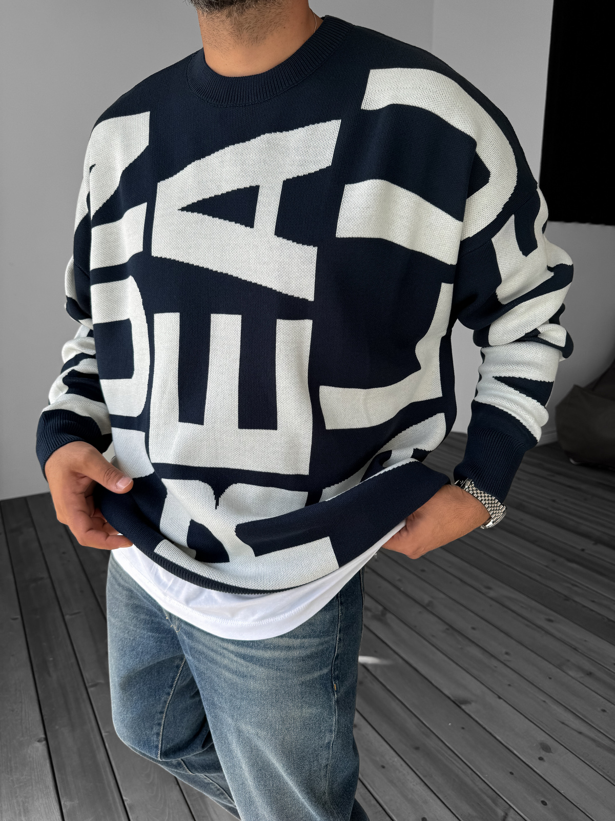 Lacivert Letter İşlemeli Örme Sweatshirt JJ-103