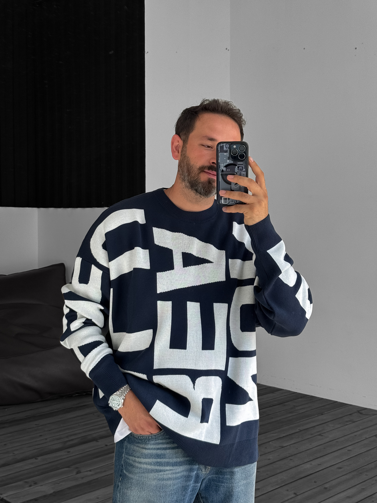 Lacivert Letter İşlemeli Örme Sweatshirt JJ-103