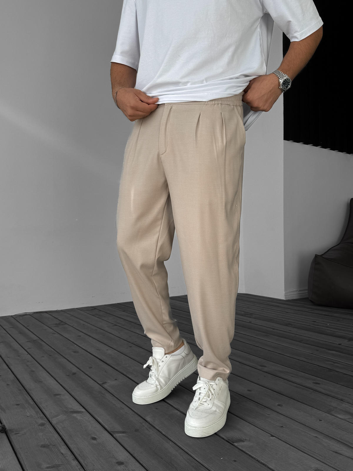Bej Pileli Basic Kumaş Pantolon B-3010