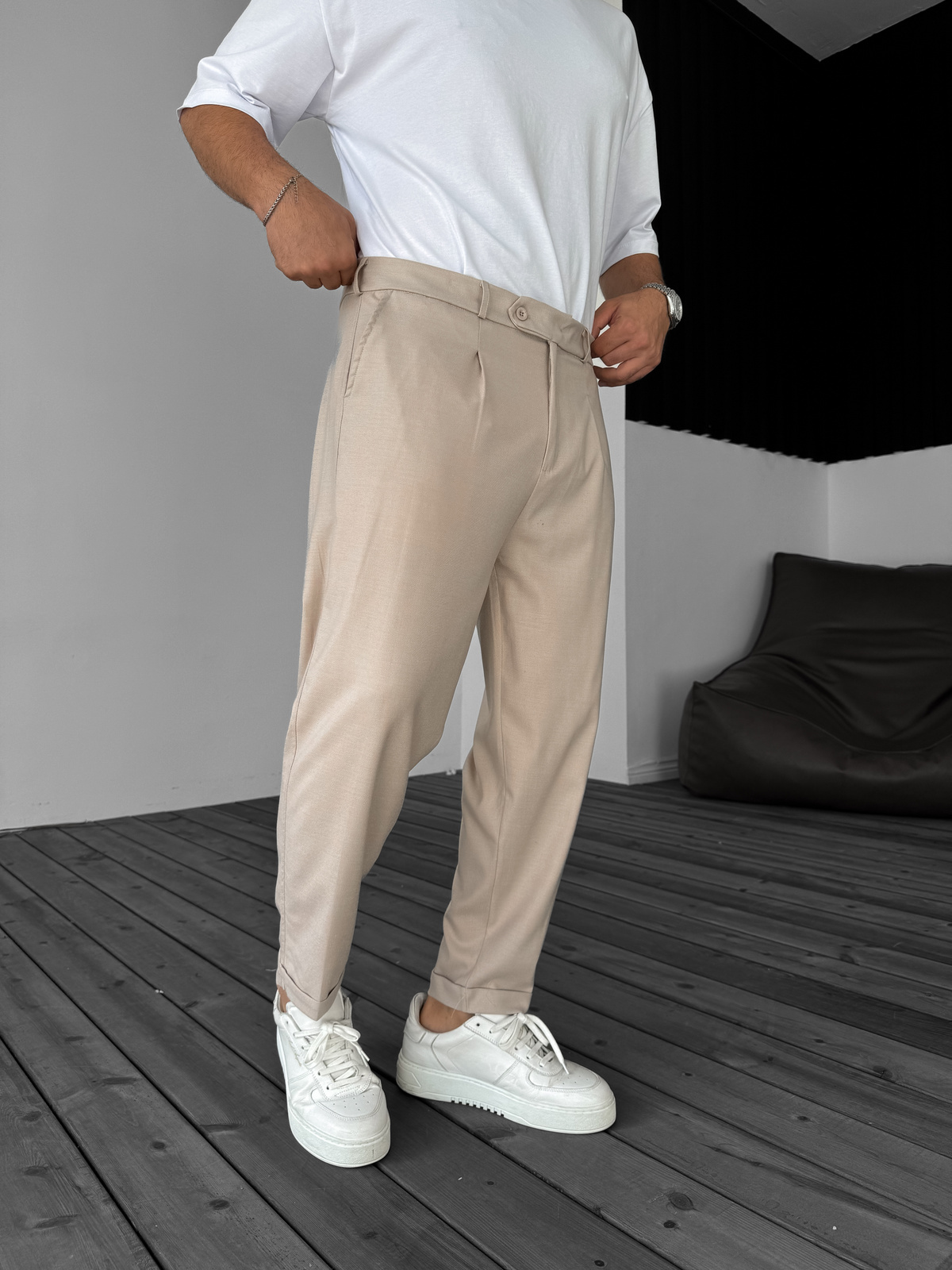 Bej Katlı Paça Kumaş Pantolon B-3011