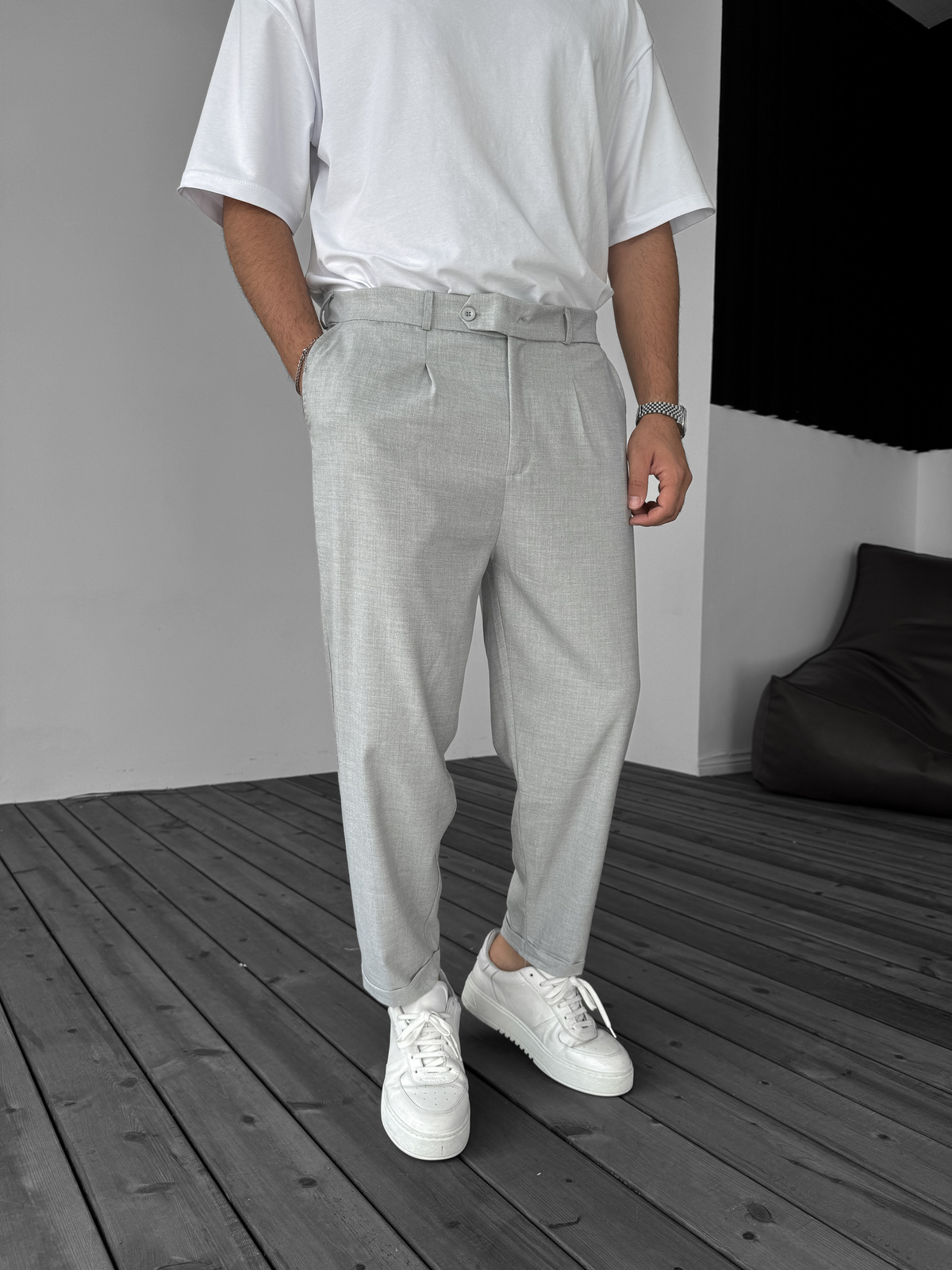 Gri Katlı Paça Kumaş Pantolon B-3011