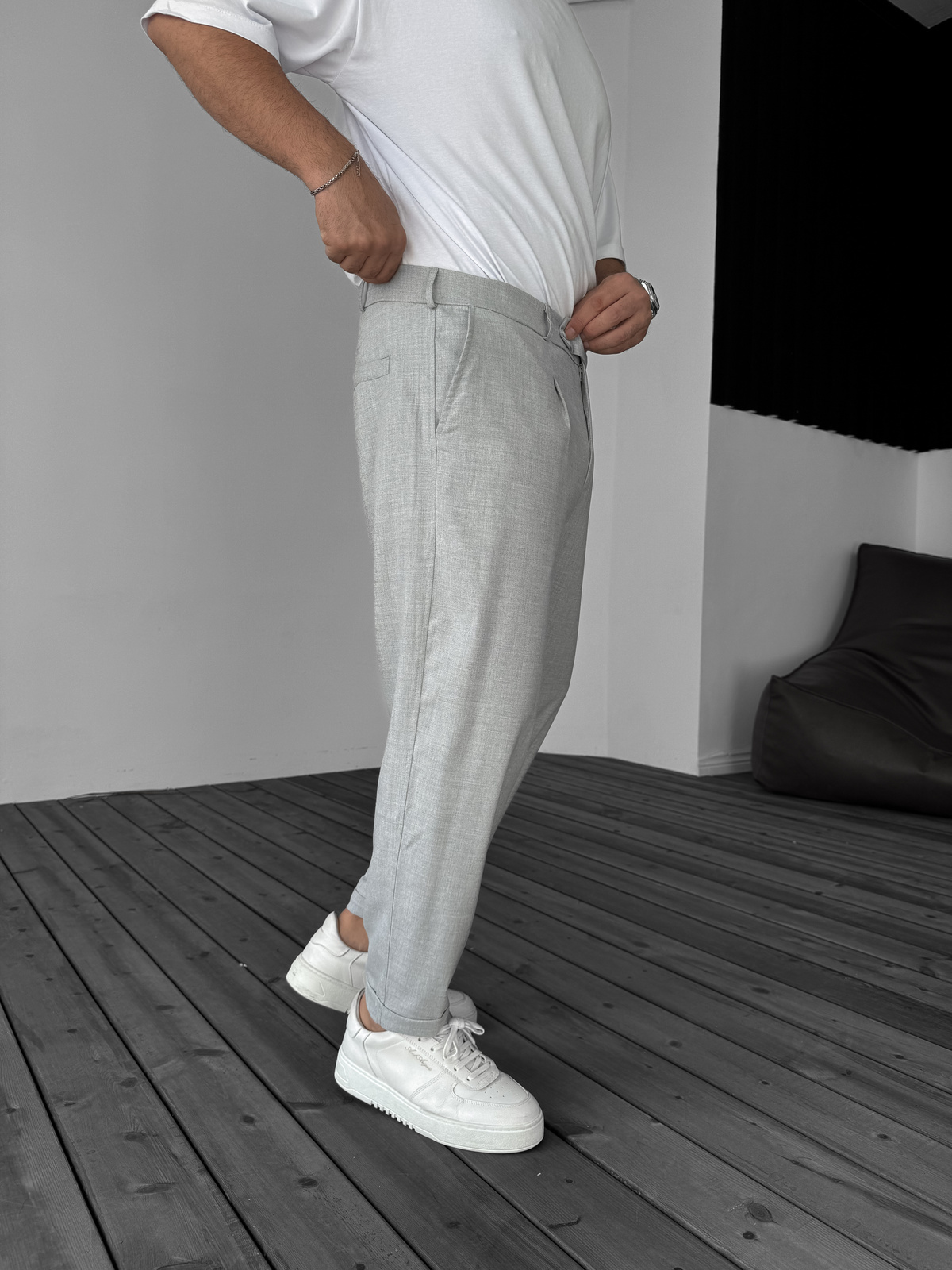 Gri Katlı Paça Kumaş Pantolon B-3011