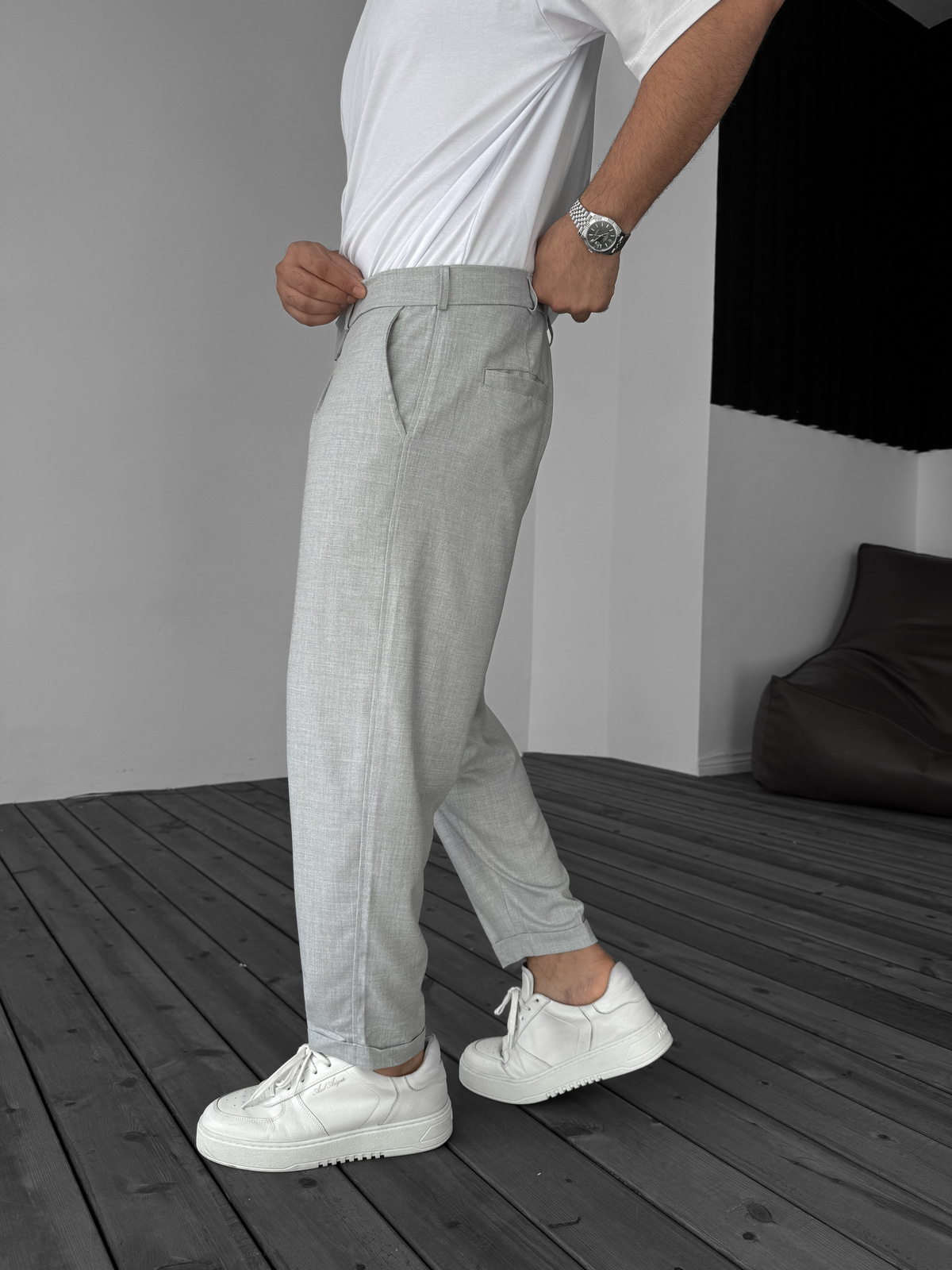 Gri Katlı Paça Kumaş Pantolon B-3011