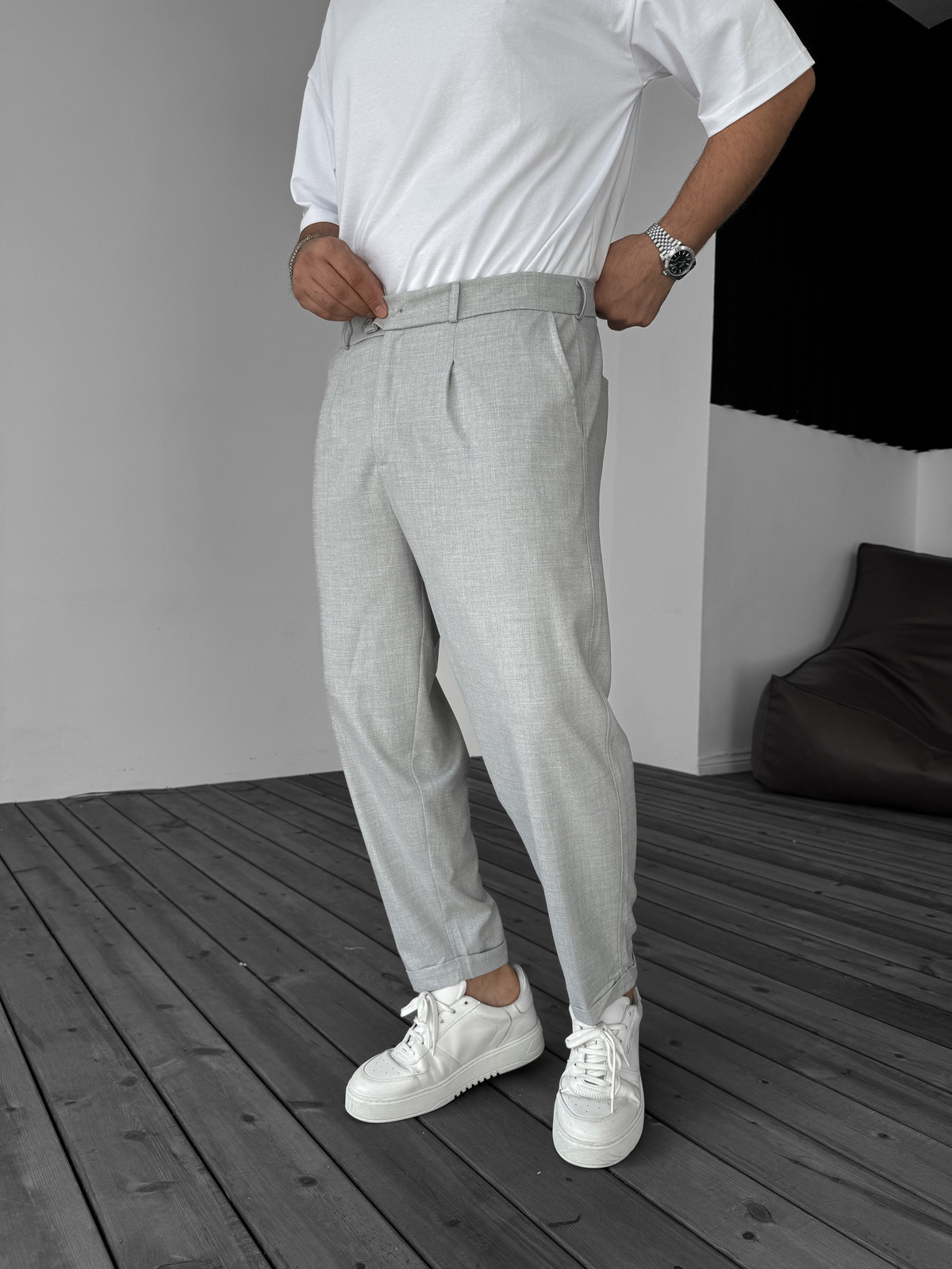 Gri Katlı Paça Kumaş Pantolon B-3011