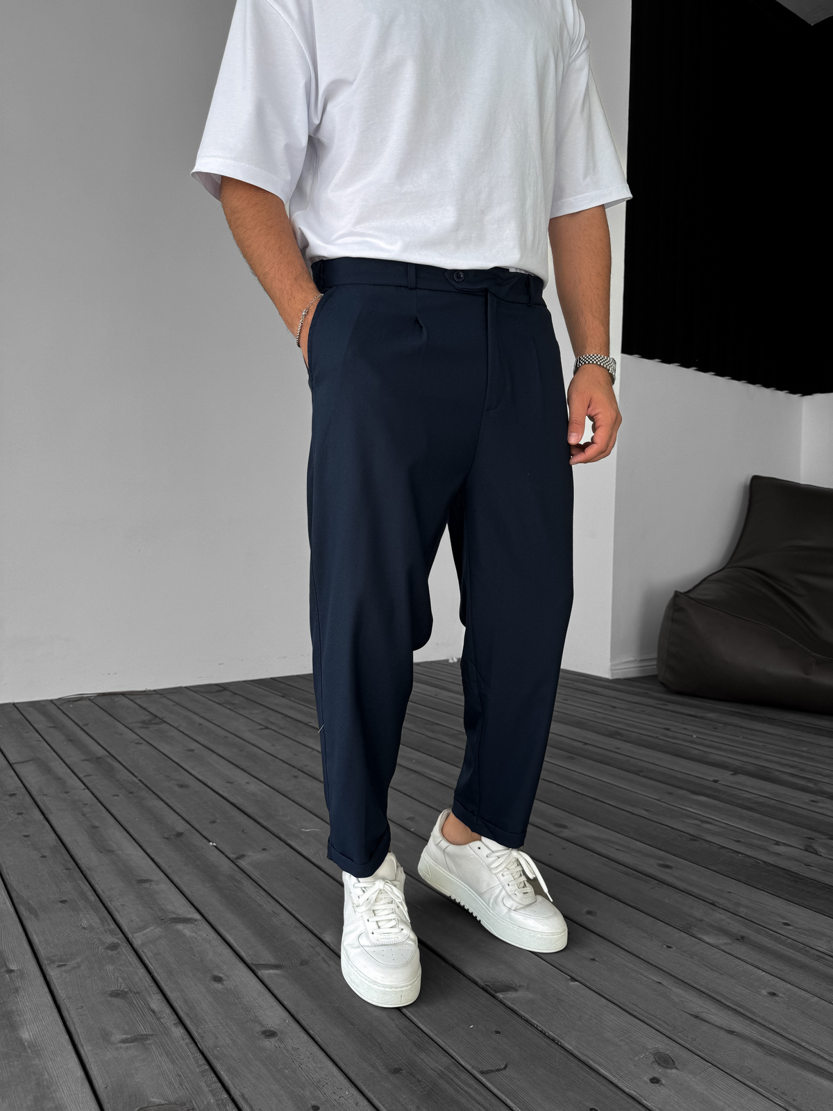 Lacivert Katlı Paça Kumaş Pantolon B-3011