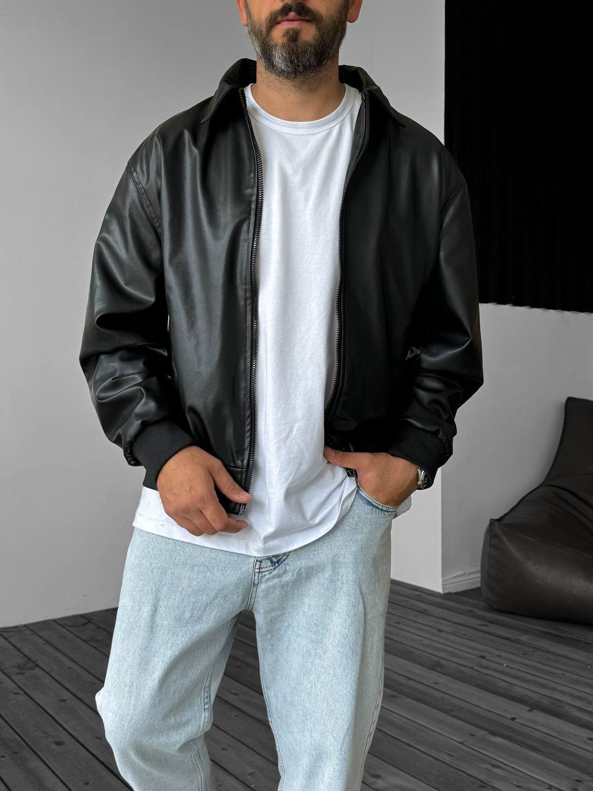 Siyah Bomber Deri Ceket LNS-8529