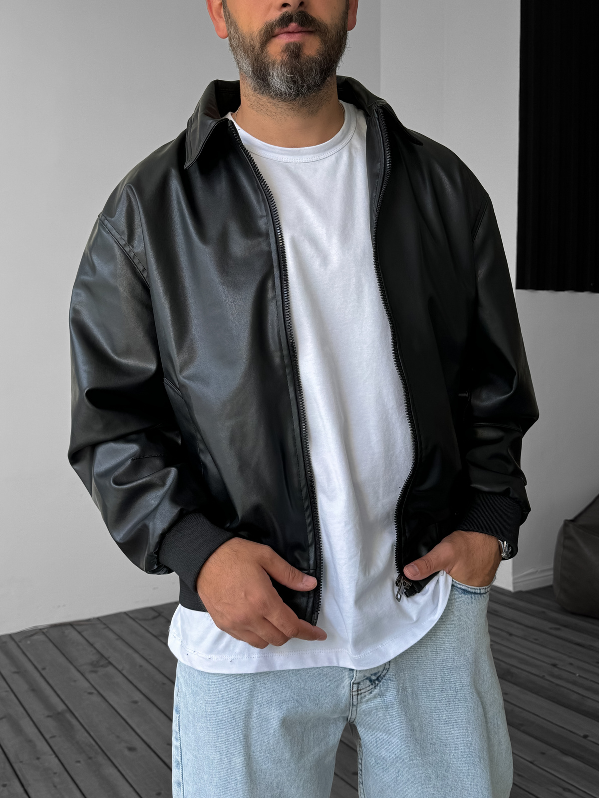 Siyah Bomber Deri Ceket LNS-8529