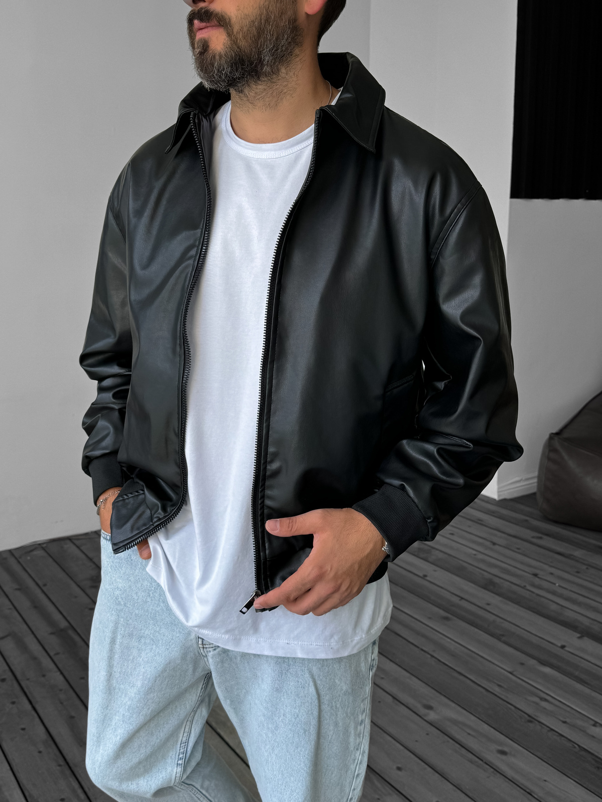 Siyah Bomber Deri Ceket LNS-8529