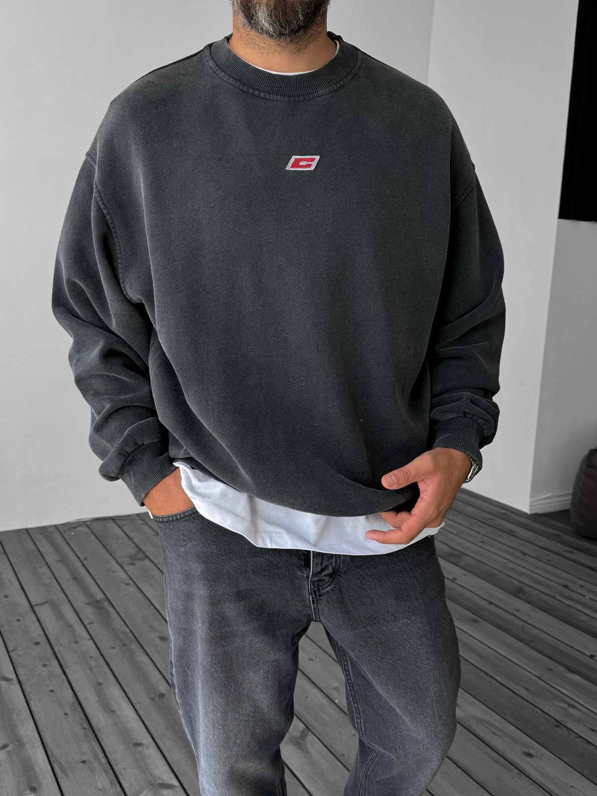 Antrasit C Nakışlı Yıkamalı Sweat C-4588