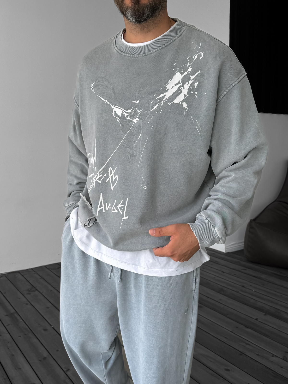 Gri Patchli Yıkamalı Sweat C-4587