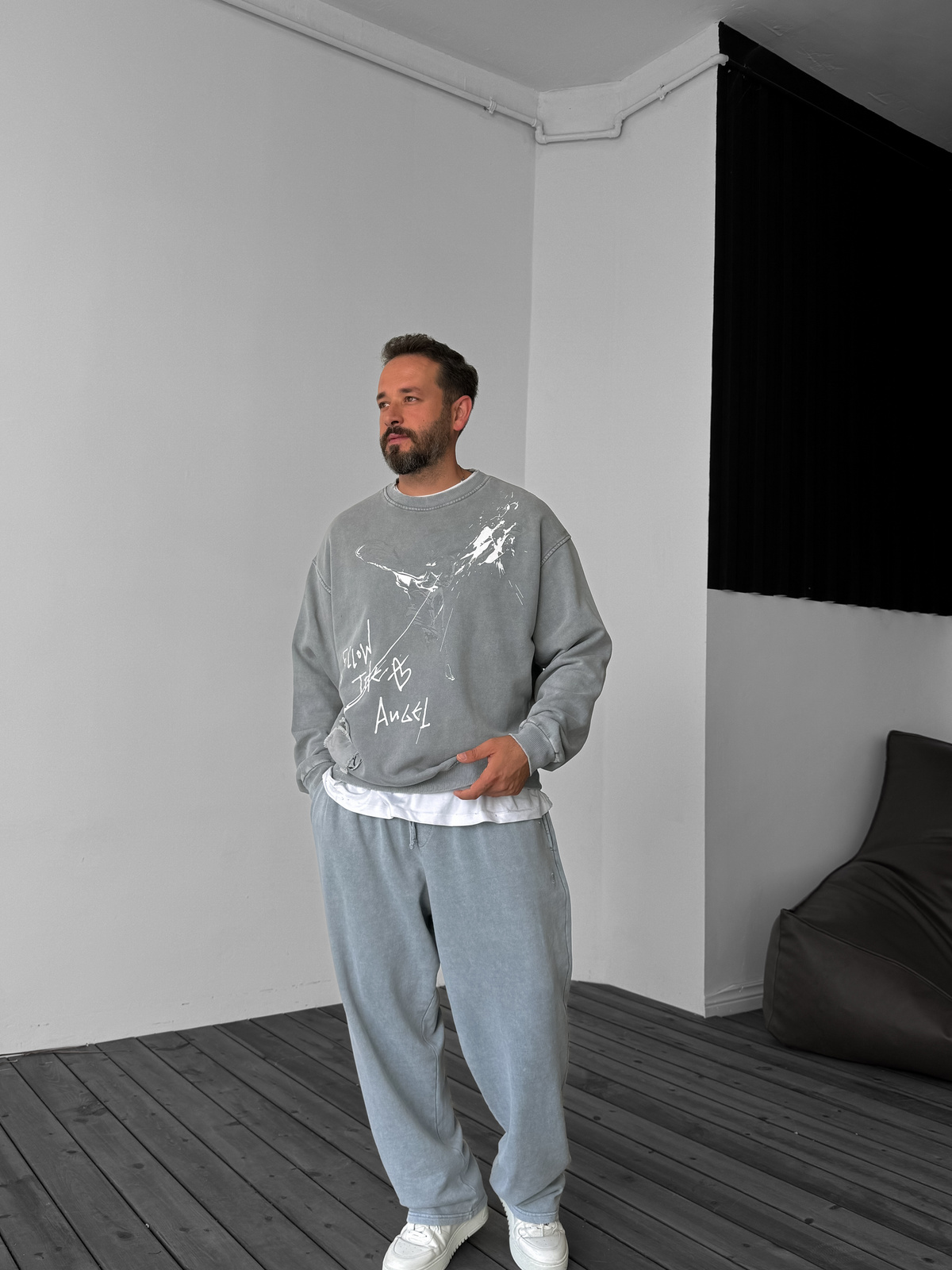 Gri Patchli Yıkamalı Sweat C-4587