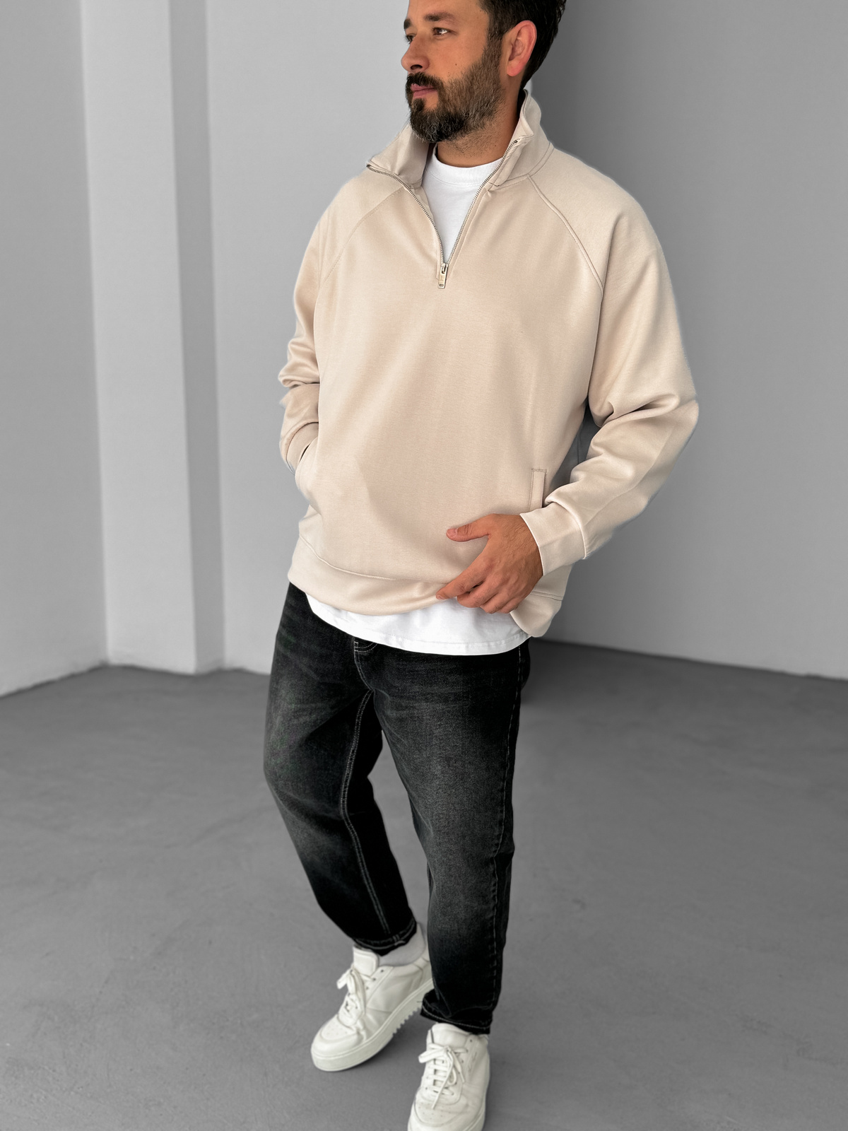 Bej Yarım Fermuarlı Cepli Sweatshirt YP-4108
