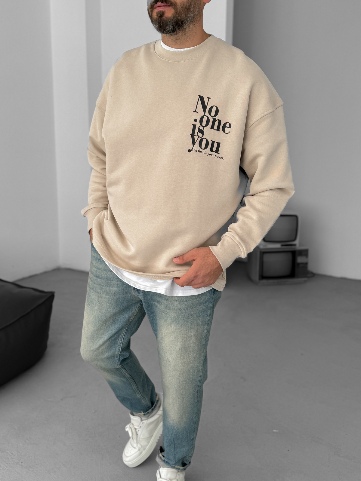 Bej Heavyweight No One Baskılı Sweat BY-058