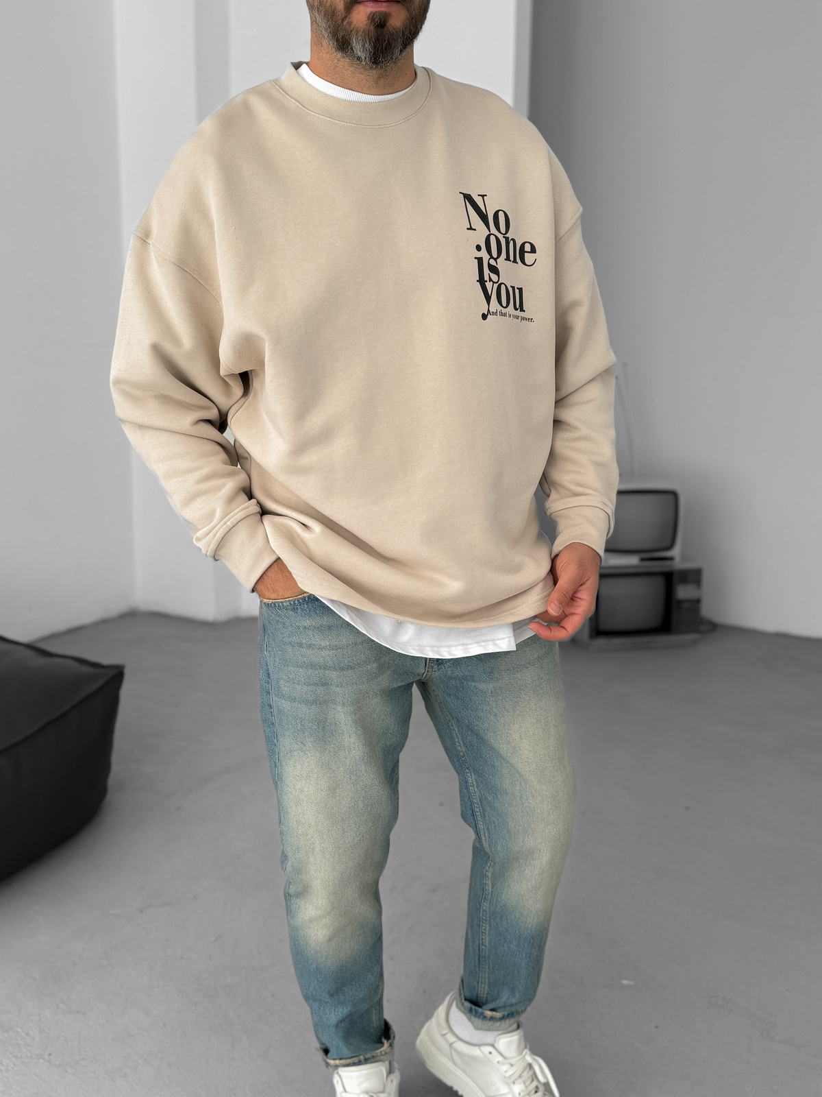 Bej Heavyweight No One Baskılı Sweat BY-058