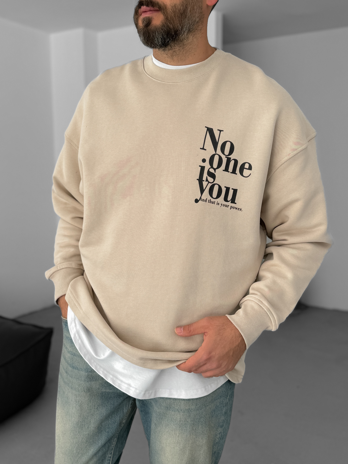Bej Heavyweight No One Baskılı Sweat BY-058
