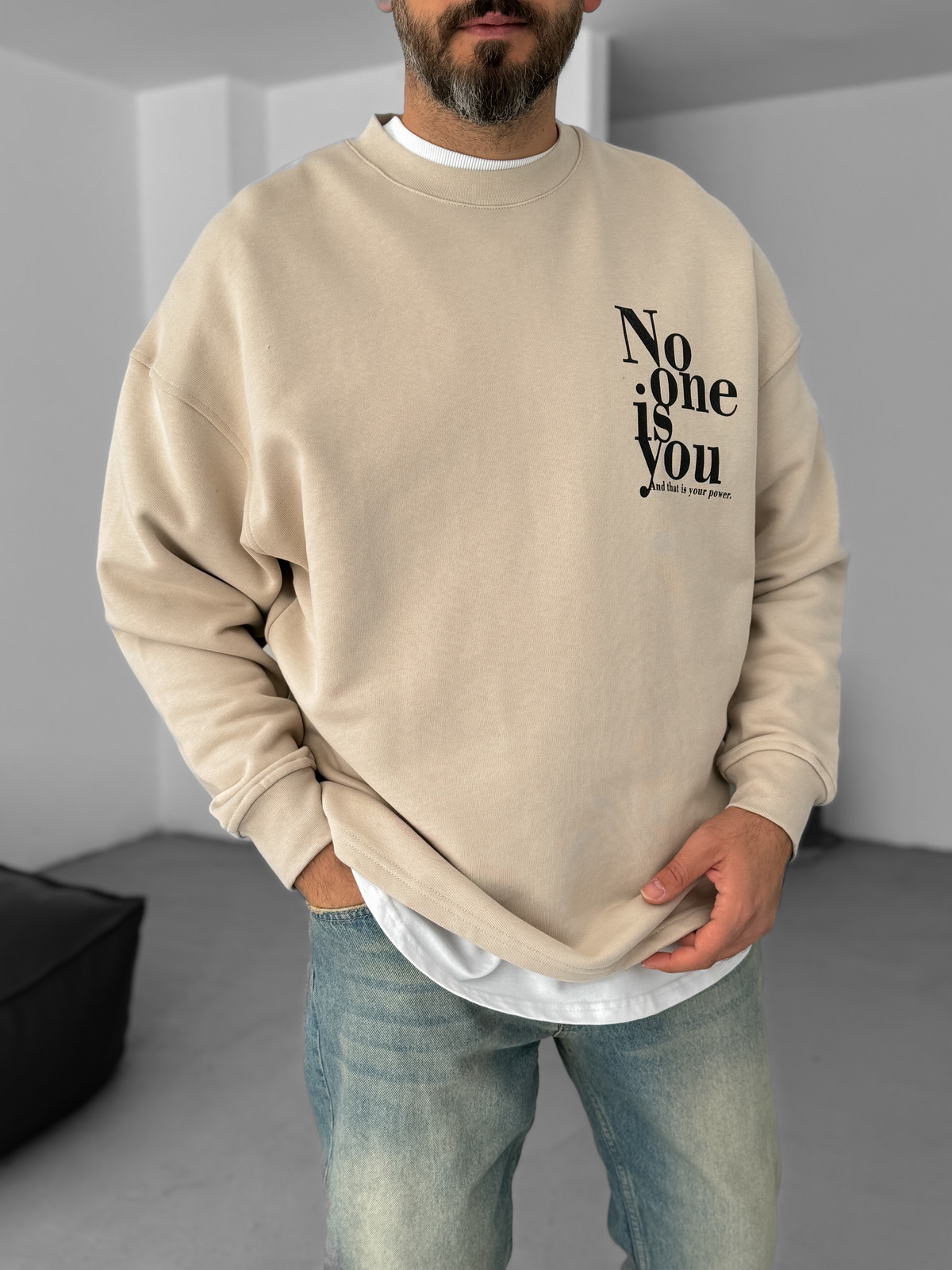 Bej Heavyweight No One Baskılı Sweat BY-058
