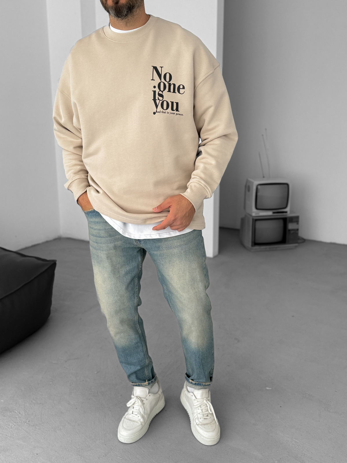 Bej Heavyweight No One Baskılı Sweat BY-058