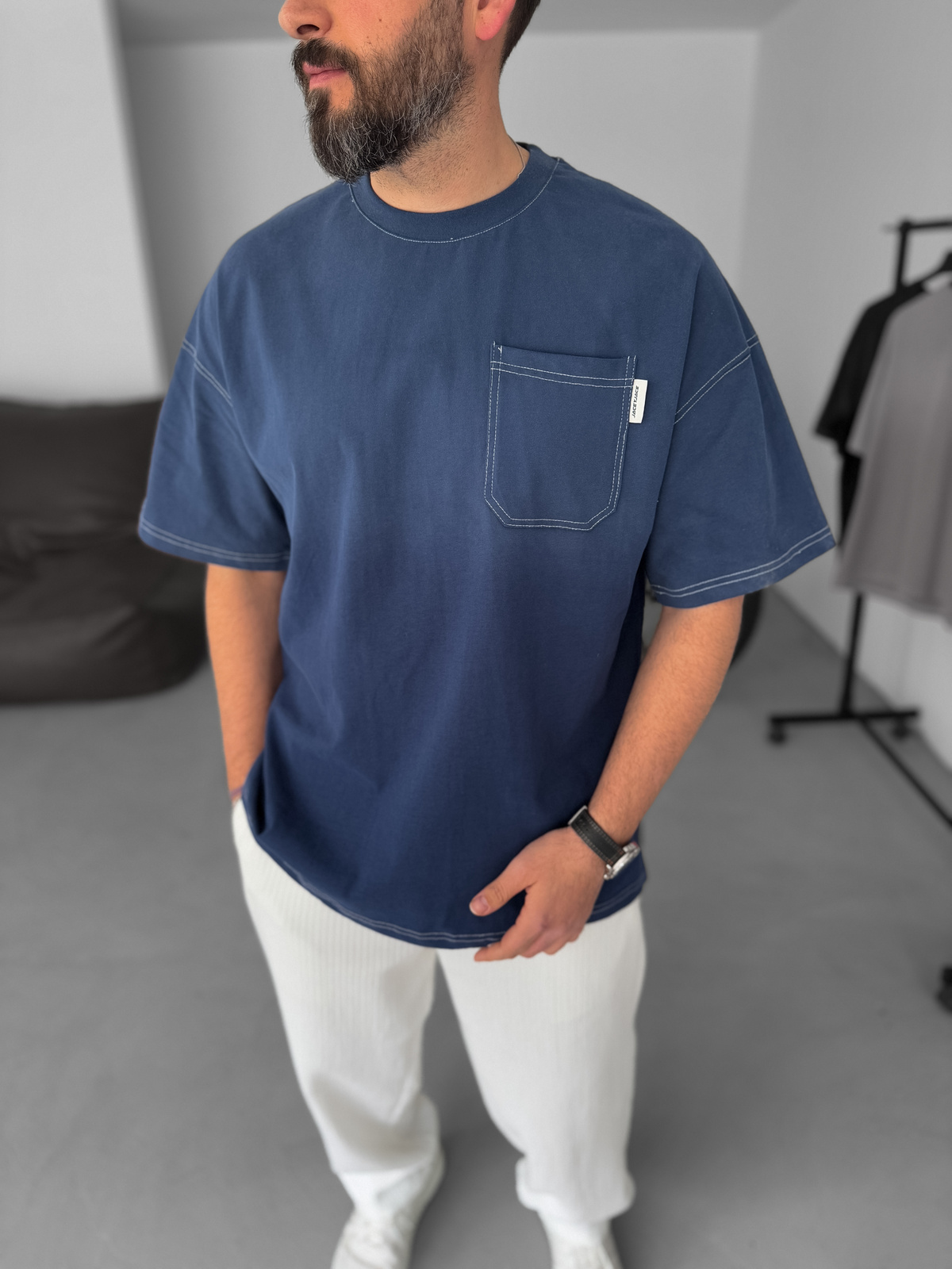Lacivert Yıkamalı Cepli Oversize T-Shirt JJ-15