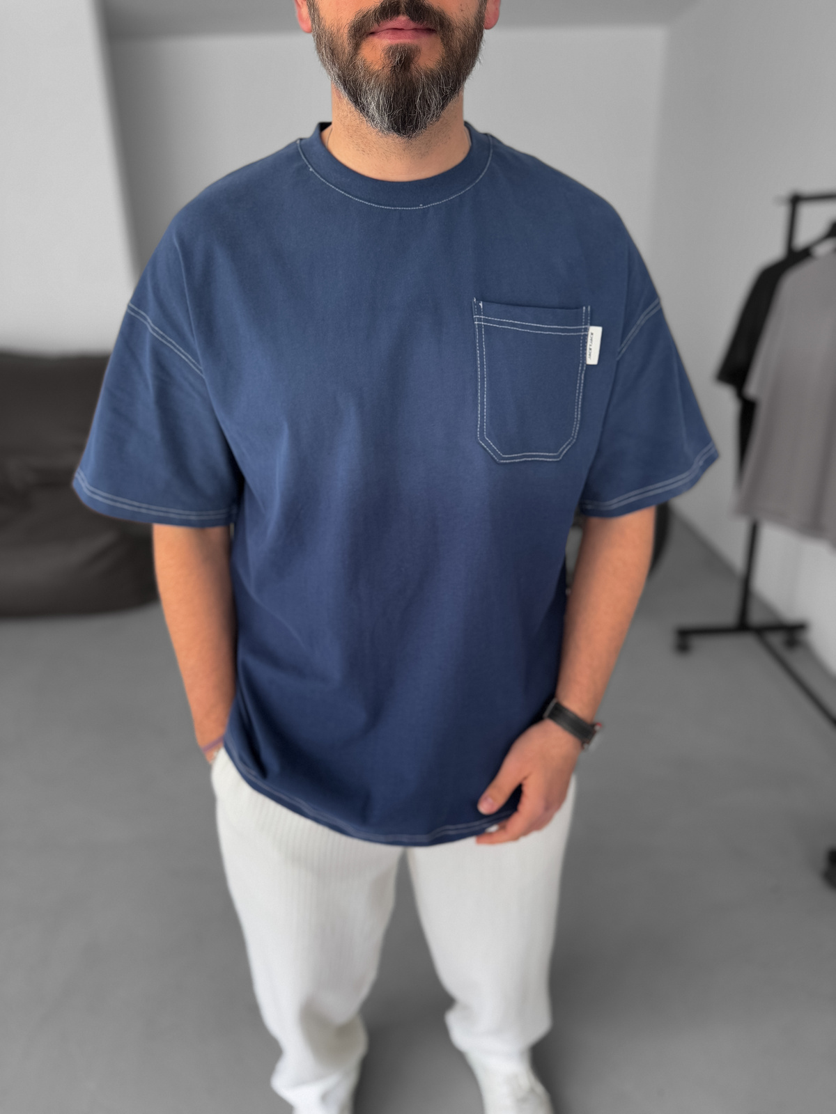 Lacivert Yıkamalı Cepli Oversize T-Shirt JJ-15