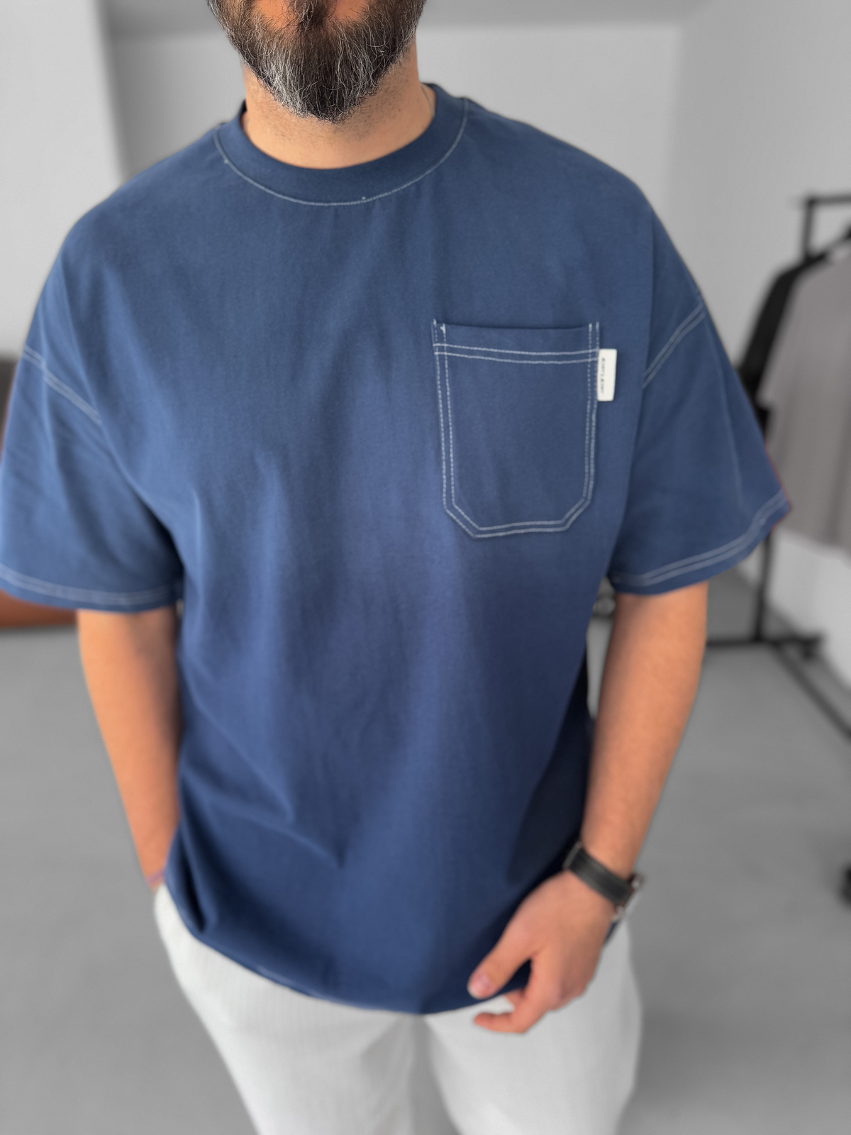 Lacivert Yıkamalı Cepli Oversize T-Shirt JJ-15