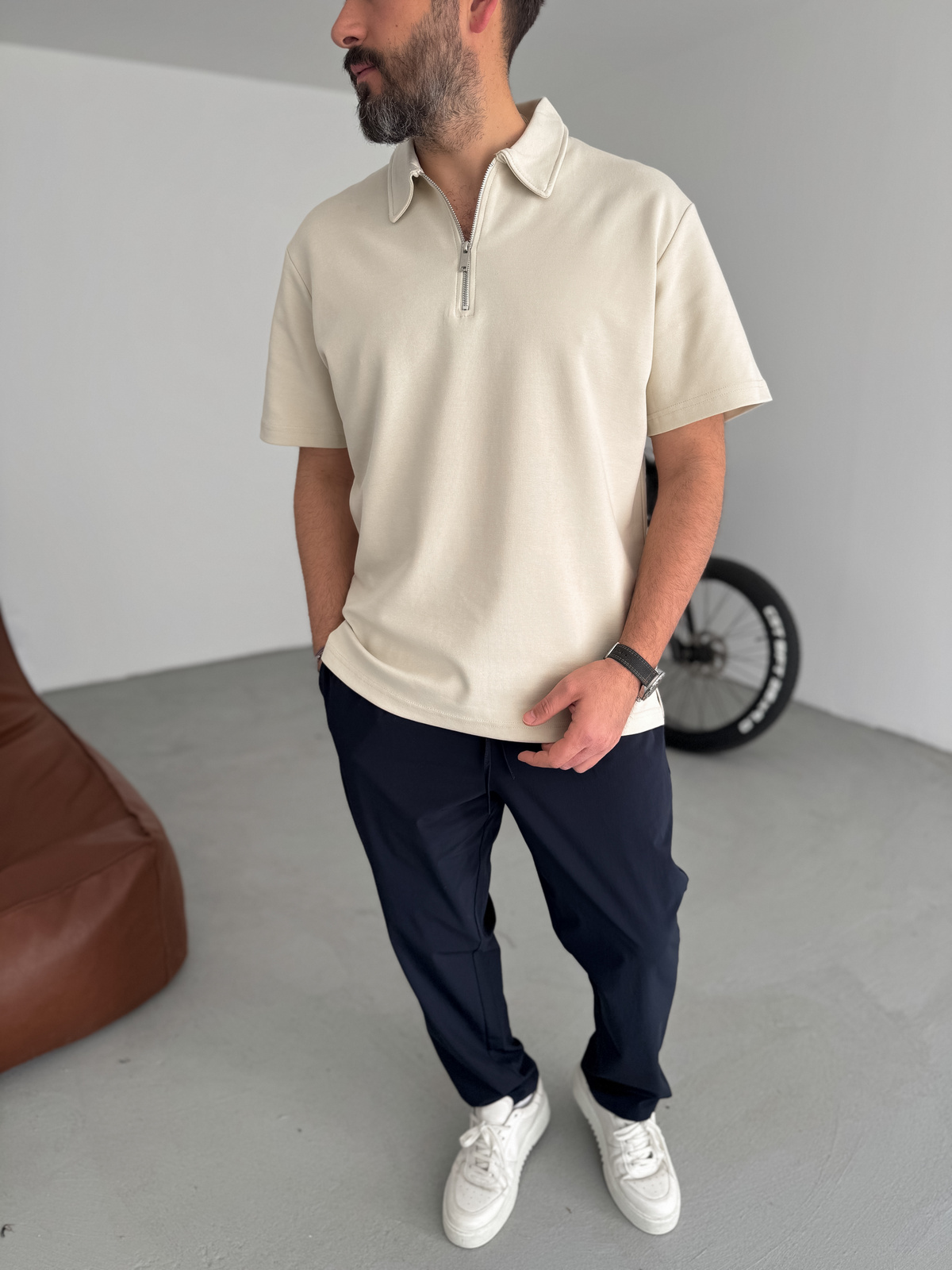 Bej Yakalı Fermuarlı Oversize T-Shirt KE-7010