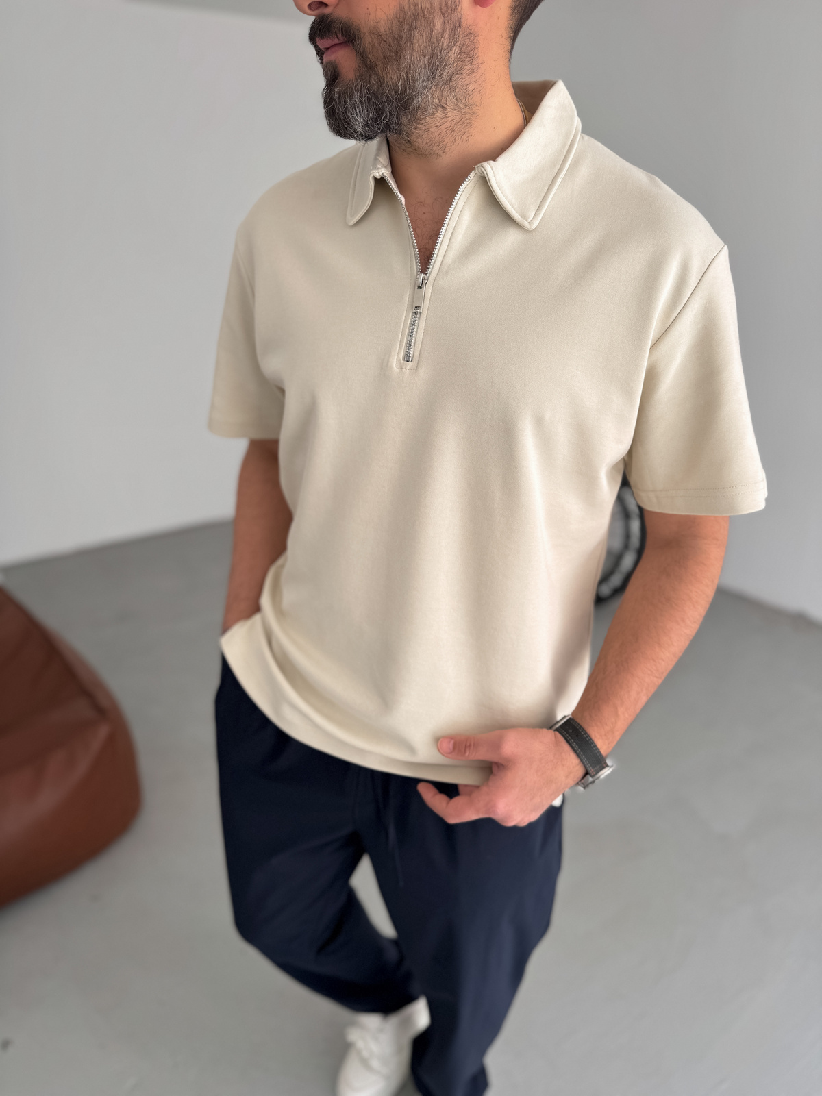 Bej Yakalı Fermuarlı Oversize T-Shirt KE-7010