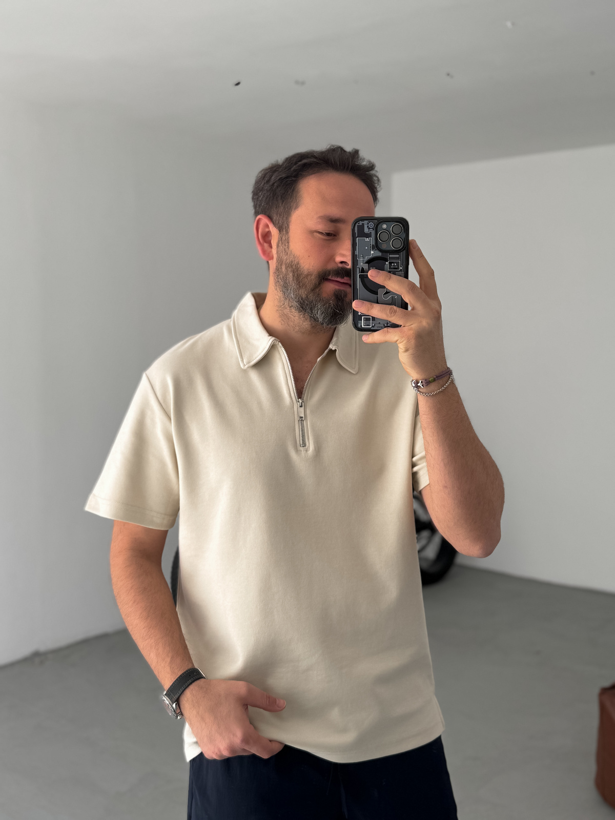Bej Yakalı Fermuarlı Oversize T-Shirt KE-7010