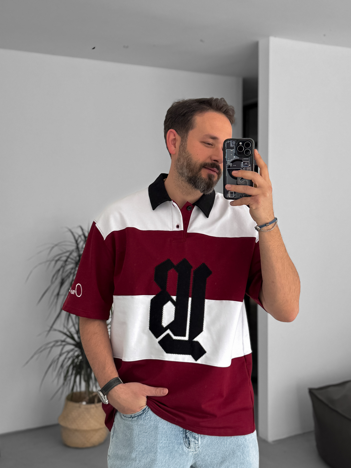 Bordo Beyaz LB Patchli Parçalı T-Shirt LB-2011