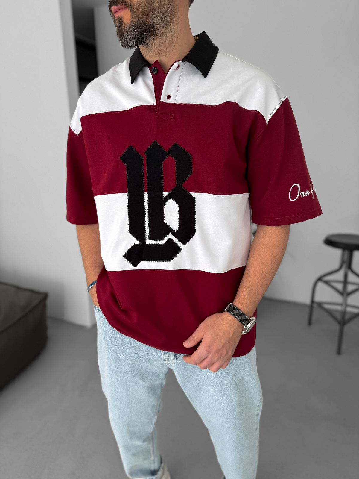 Bordo Beyaz LB Patchli Parçalı T-Shirt LB-2011