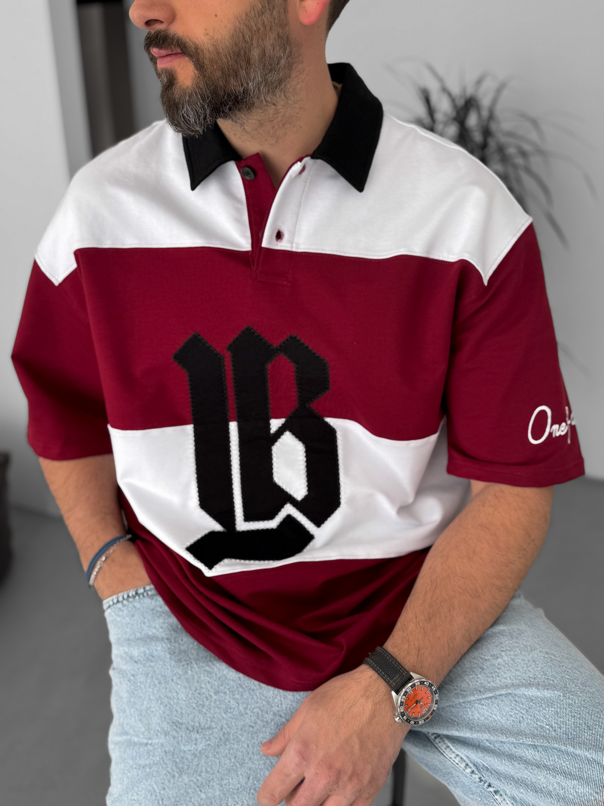 Bordo Beyaz LB Patchli Parçalı T-Shirt LB-2011