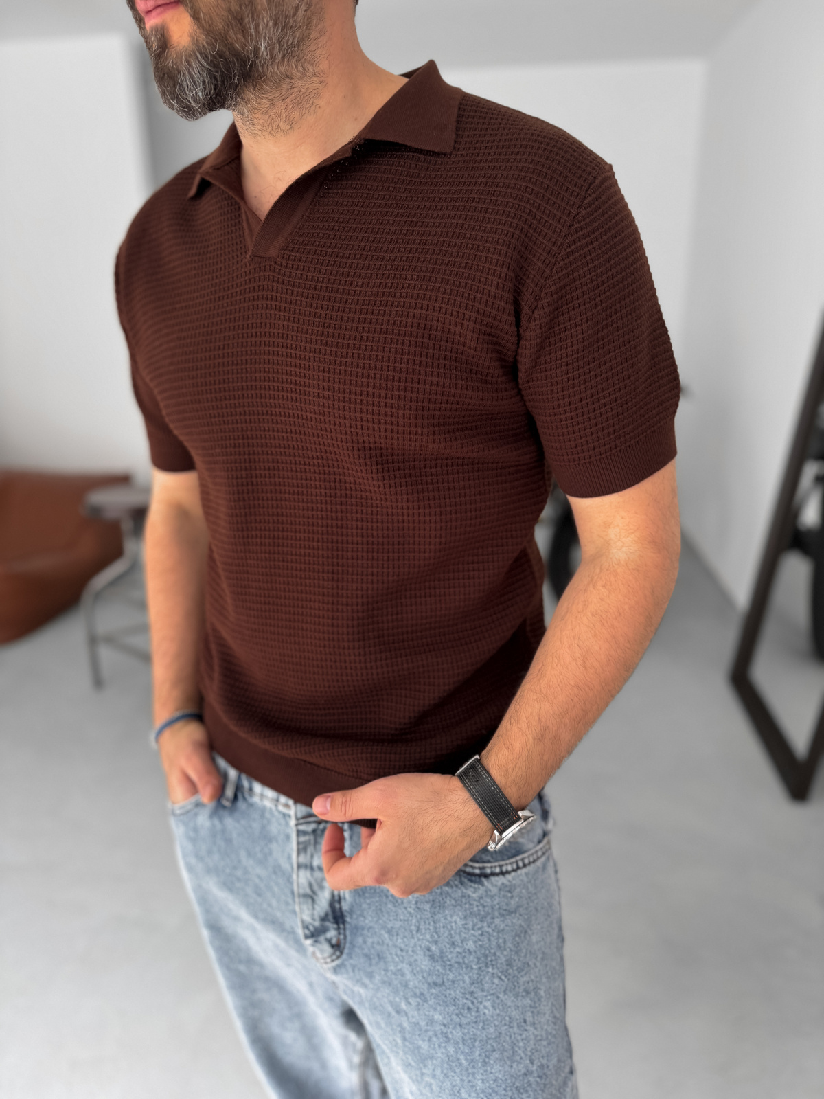 Kahve Örme Polo Yaka Triko T-Shirt PM-014