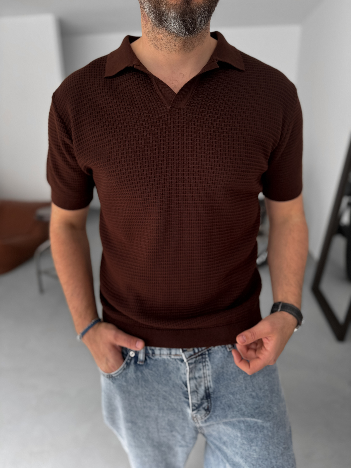 Kahve Örme Polo Yaka Triko T-Shirt PM-014