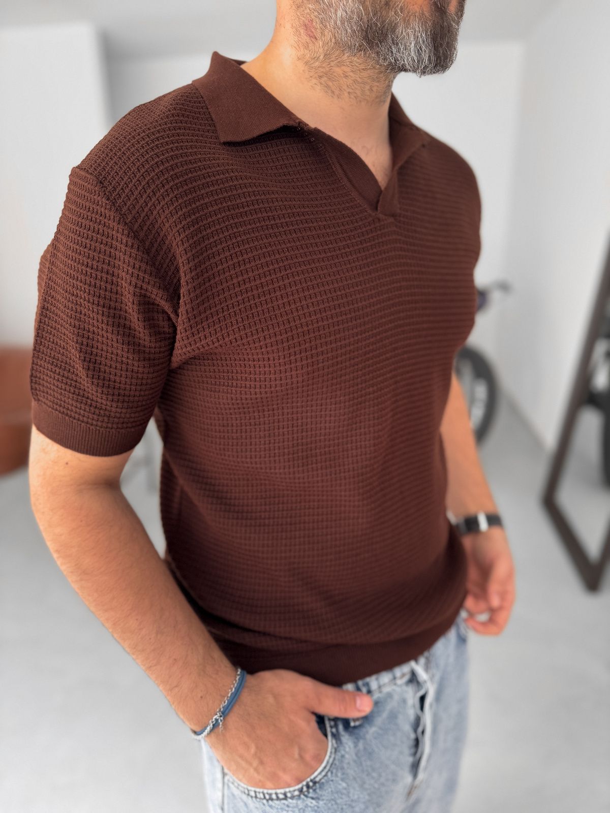 Kahve Örme Polo Yaka Triko T-Shirt PM-014