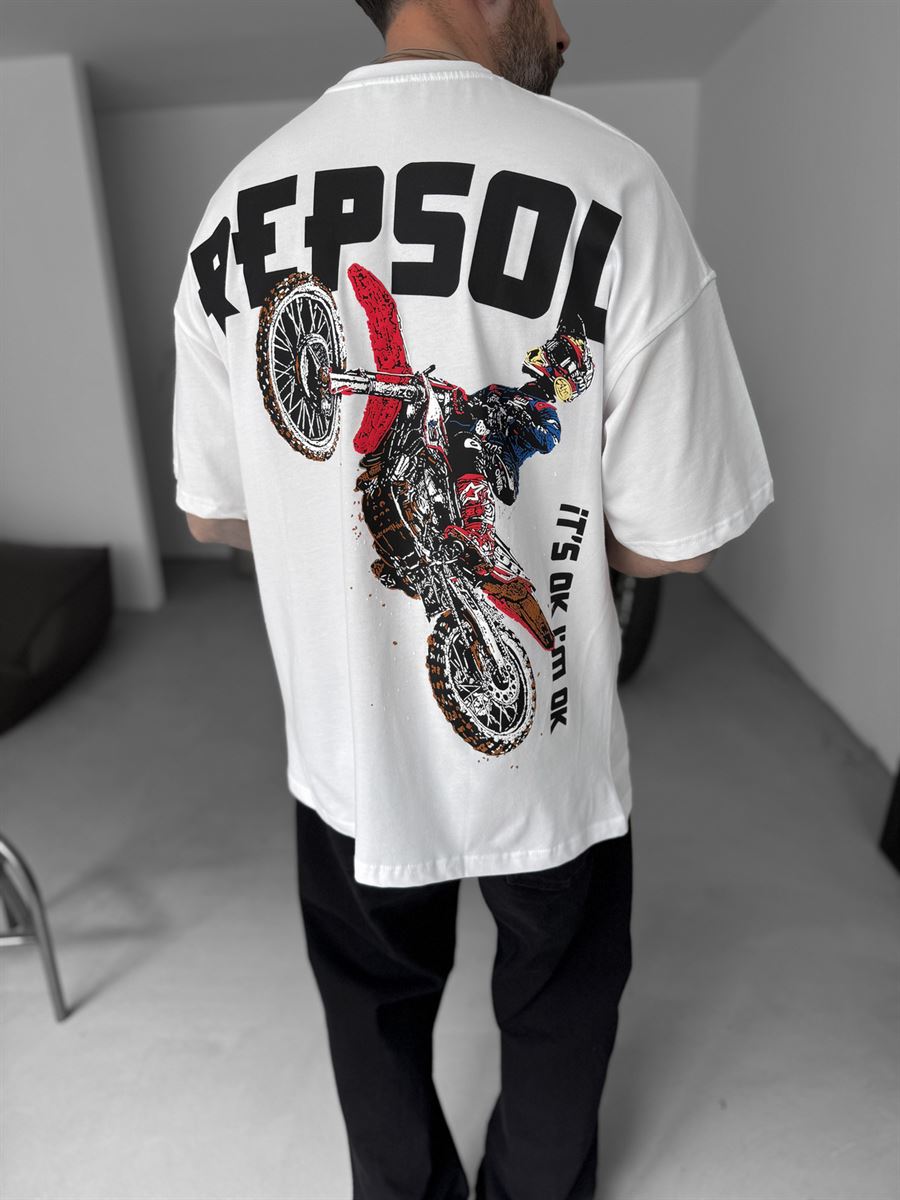 Beyaz R-Cross Baskılı Oversize T-Shirt JJ-203