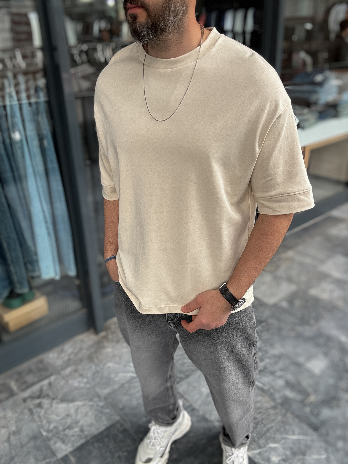 Bej Basic Kabartmalı Oversize T-Shirt YP-5034