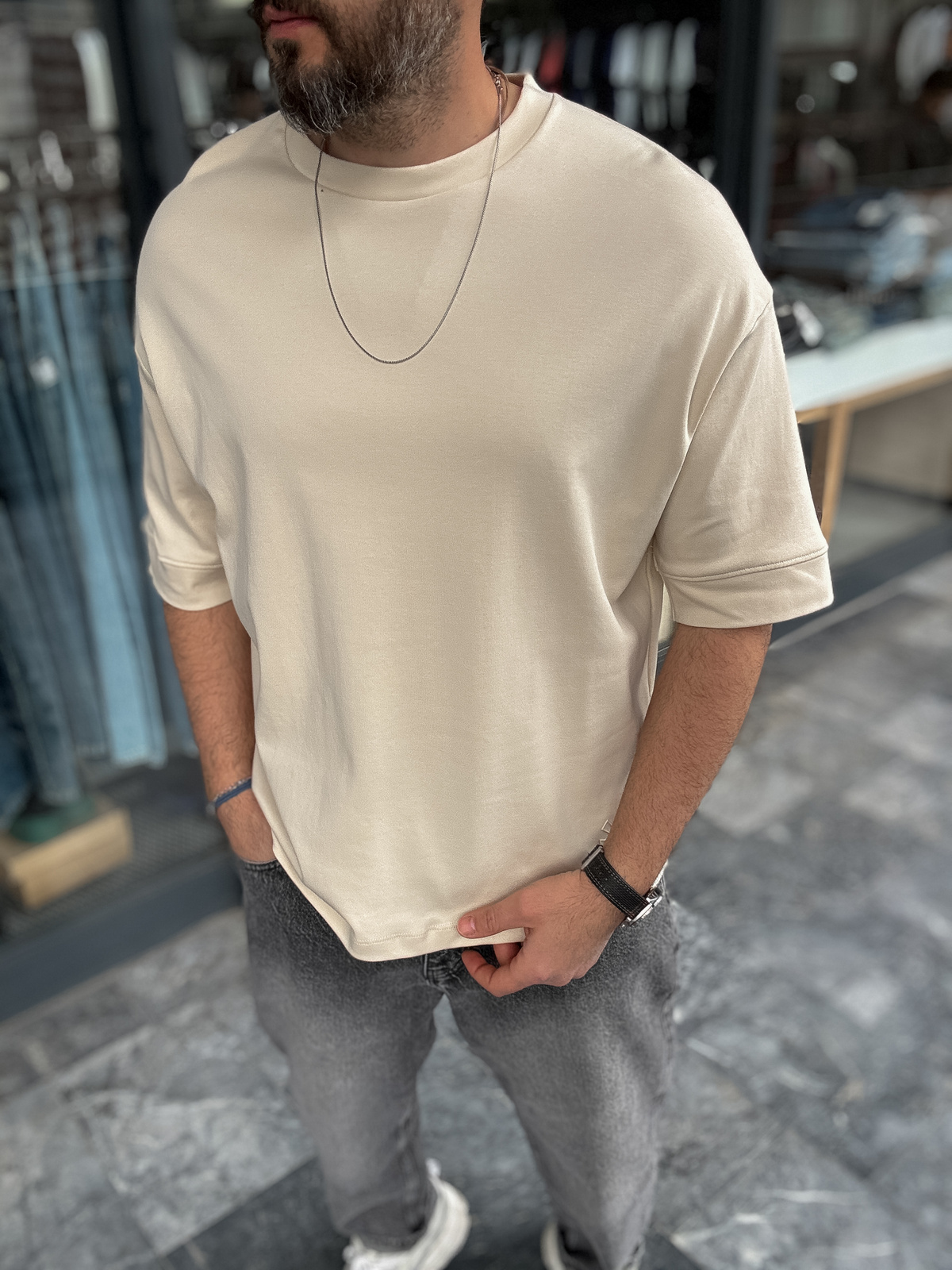 Bej Basic Kabartmalı Oversize T-Shirt YP-5034