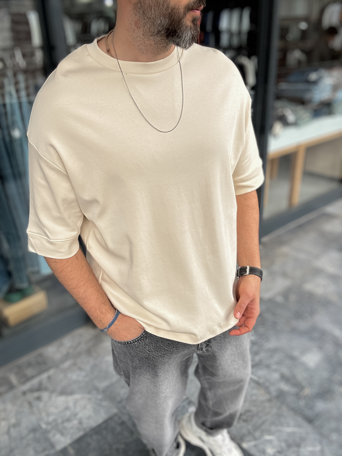 Bej Basic Kabartmalı Oversize T-Shirt YP-5034