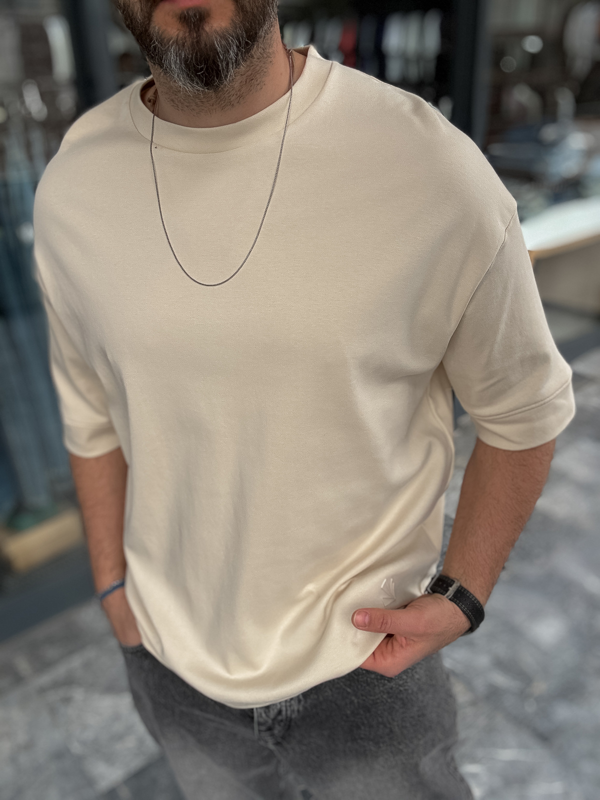 Bej Basic Kabartmalı Oversize T-Shirt YP-5034
