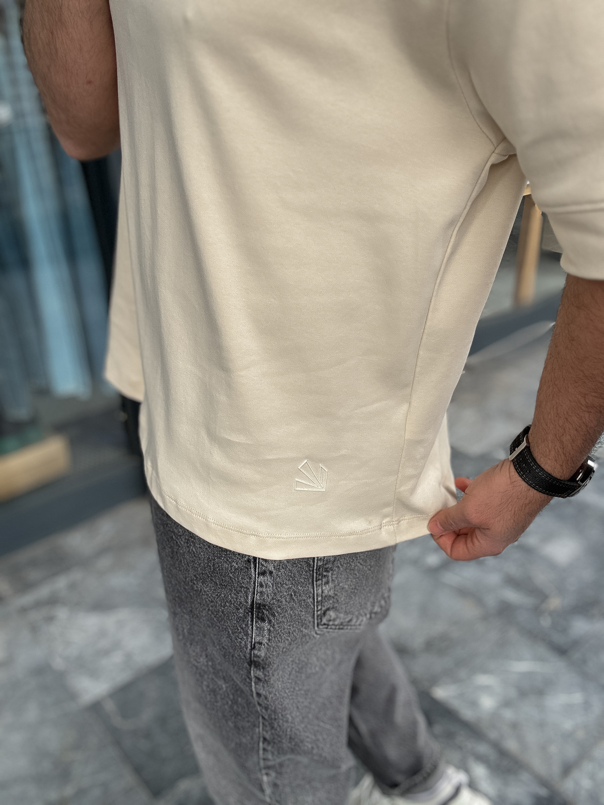 Bej Basic Kabartmalı Oversize T-Shirt YP-5034