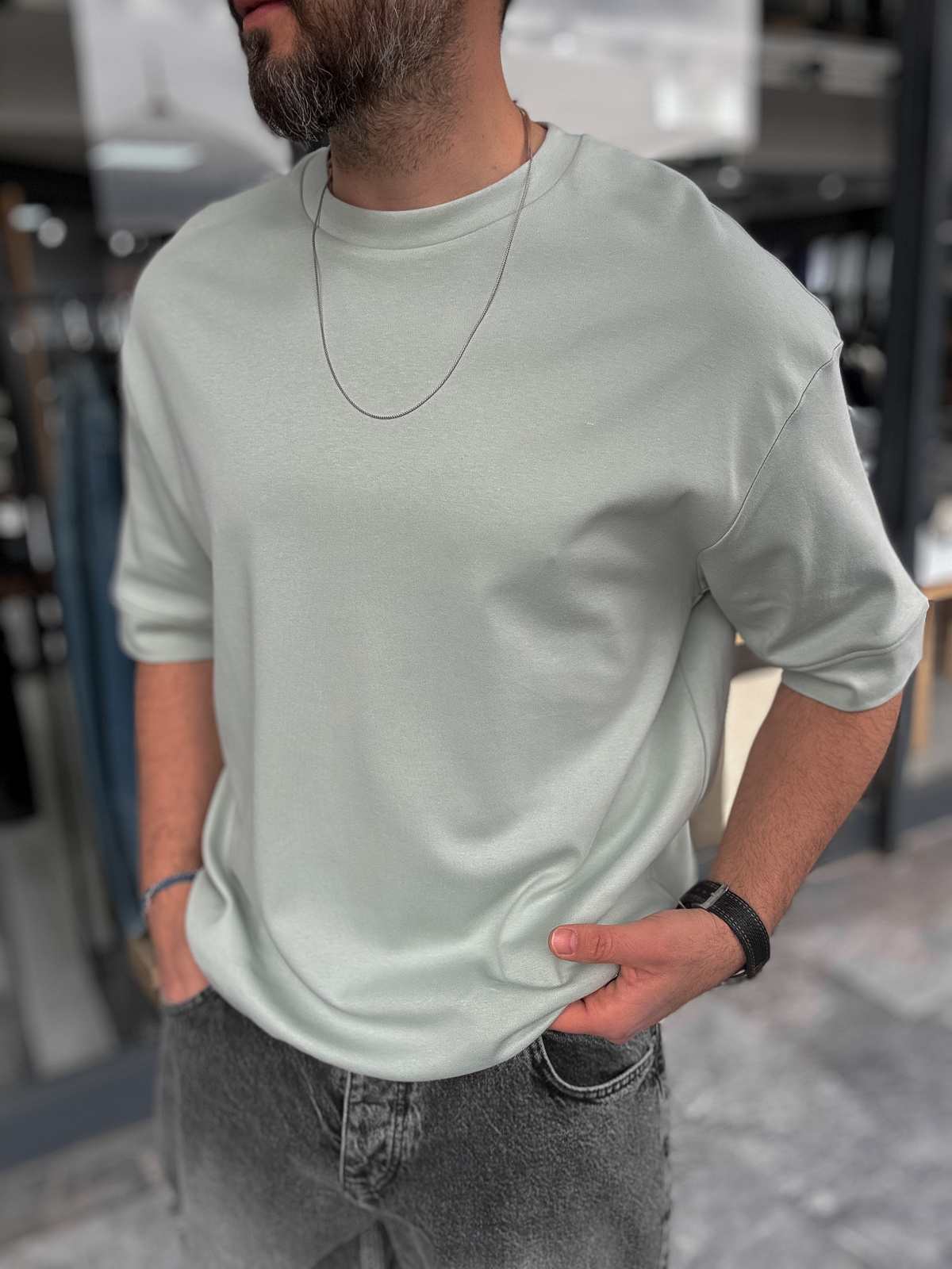 Açık Yeşil Basic Kabartmalı Oversize T-Shirt YP-5034