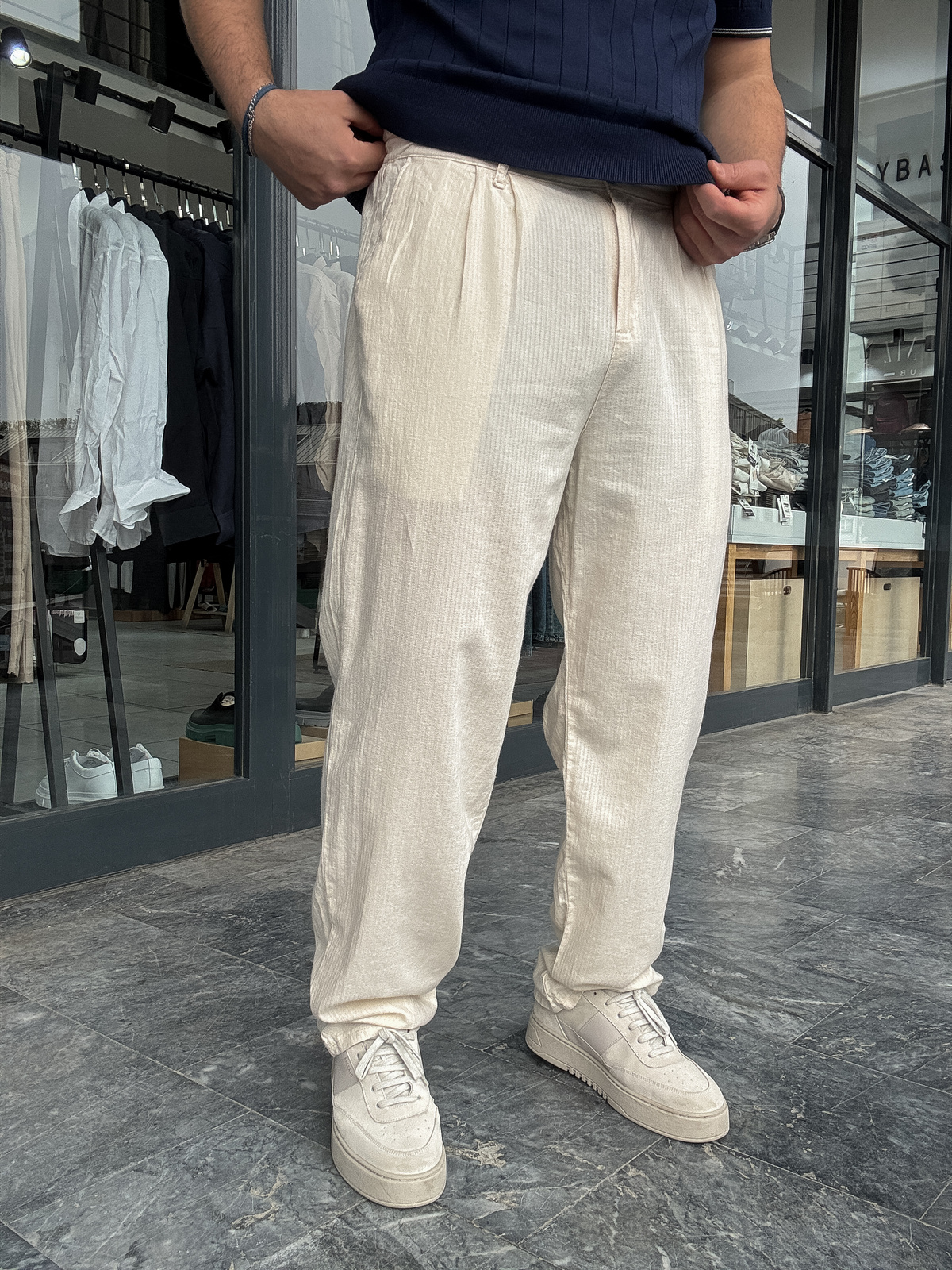 Bej Çizgi Efektli Baggy Pantolon G-5265/15