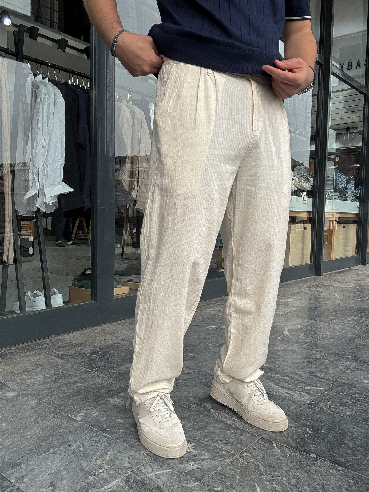 Bej Çizgi Efektli Baggy Pantolon G-5265/15