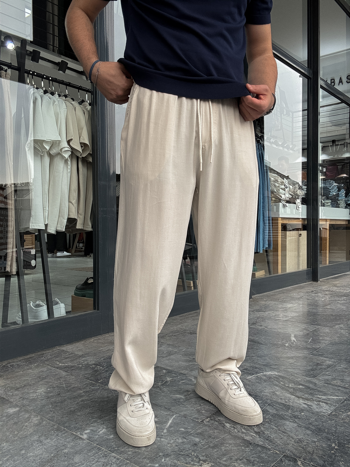 Bej Tensel Kumaş Baggy Pantolon YP-5016