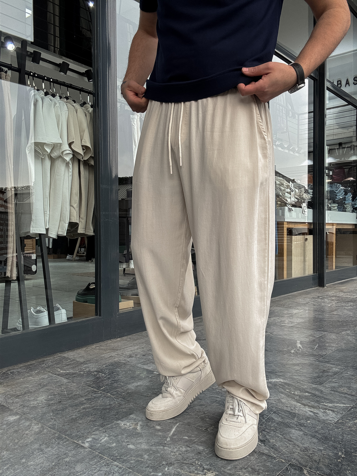 Bej Tensel Kumaş Baggy Pantolon YP-5016