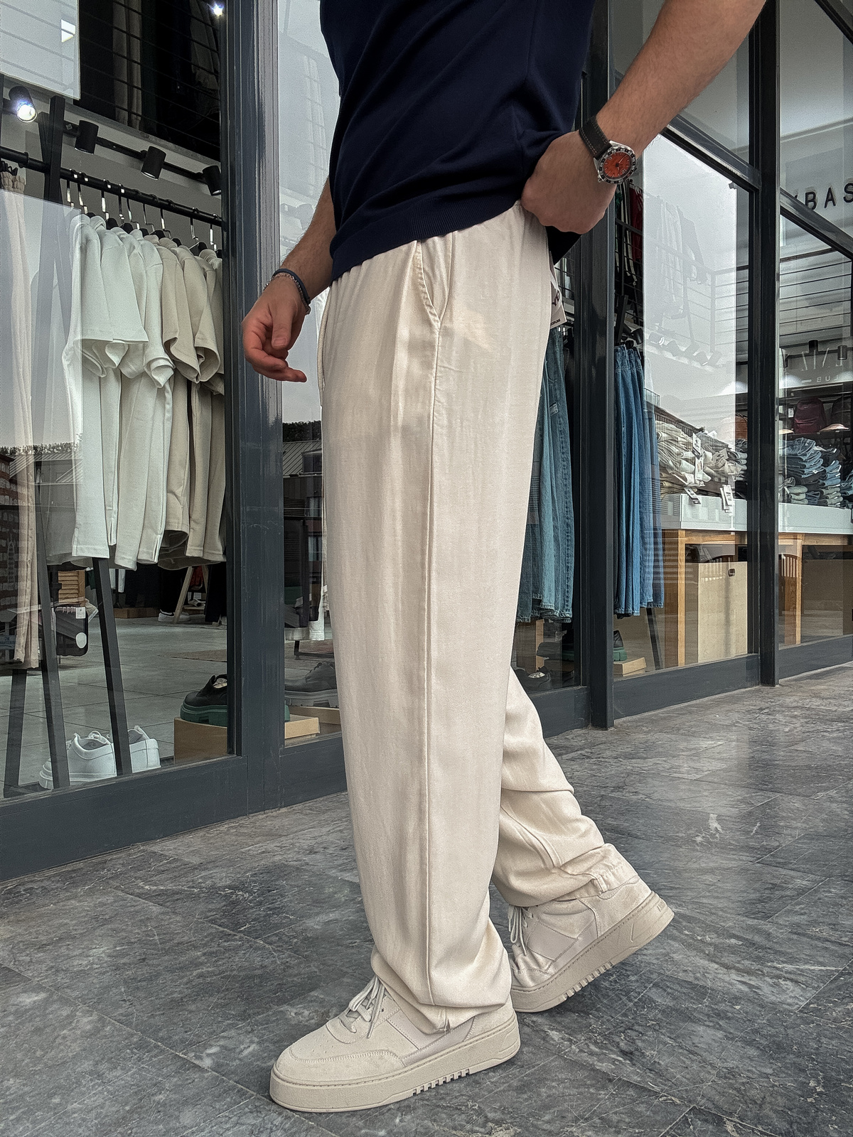 Bej Tensel Kumaş Baggy Pantolon YP-5016