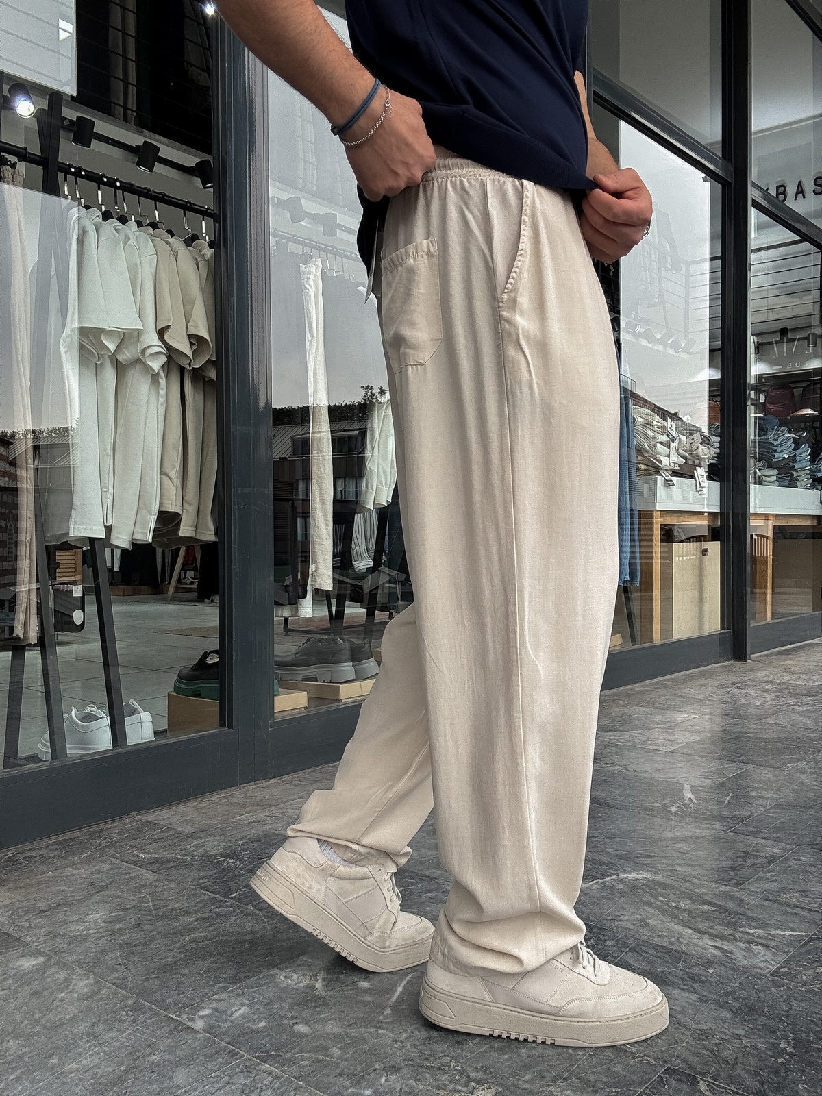 Bej Tensel Kumaş Baggy Pantolon YP-5016