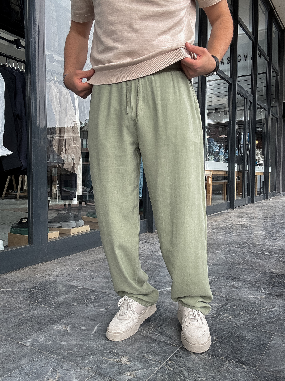 Yeşil Tensel Kumaş Baggy Pantolon YP-5016