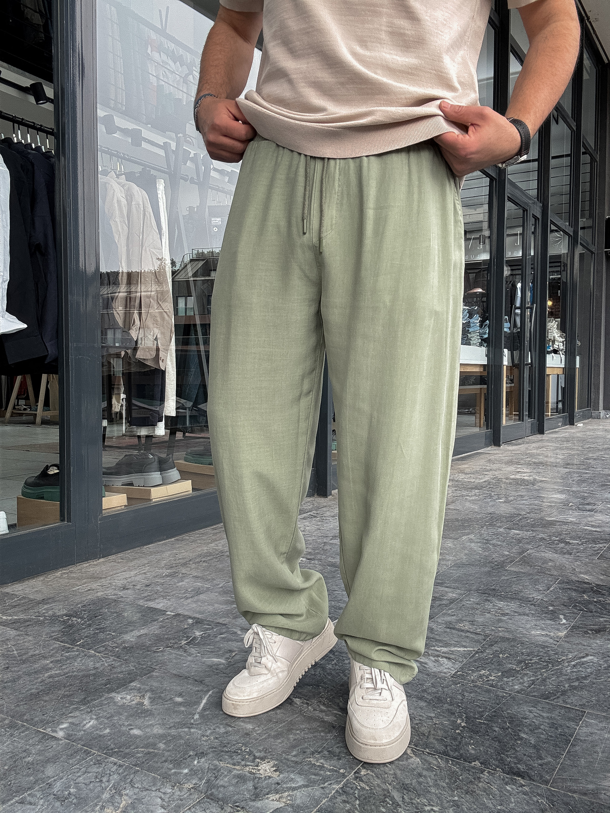 Yeşil Tensel Kumaş Baggy Pantolon YP-5016